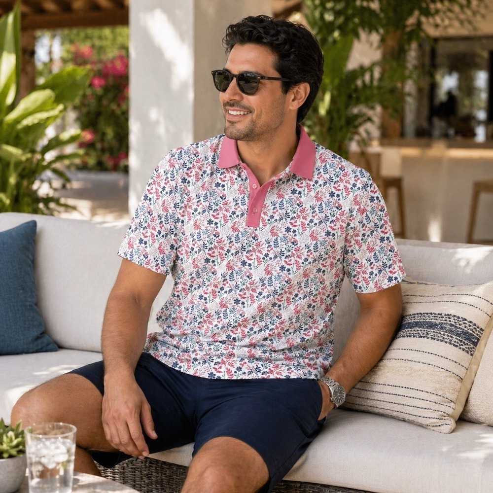 Graham Luxe Floral Golfcore Polo Shirt Mens M Pink Stretch Modern Preppy Bold